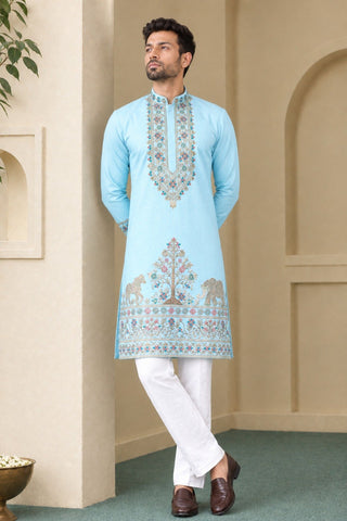 Sky Blue Coach Silk Kurta Pant Set ClothsVilla