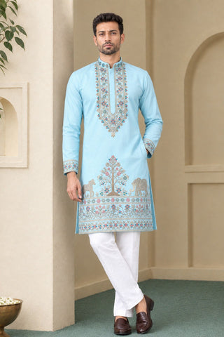 Sky Blue Coach Silk Kurta Pant Set ClothsVilla