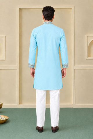 Sky Blue Coach Silk Kurta Pant Set ClothsVilla