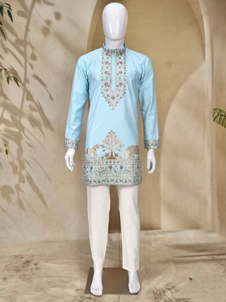 Sky Blue Coach Silk Kurta Pant Set ClothsVilla