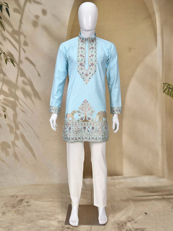 Sky Blue Coach Silk Kurta Pant Set ClothsVilla