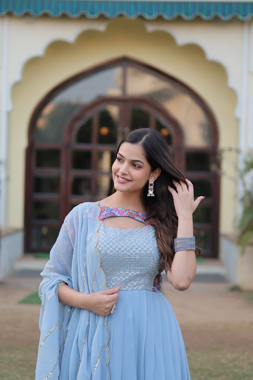 Sky Blue Color Elegance Premium Designer Readymade Gown with Dupatta ClothsVilla