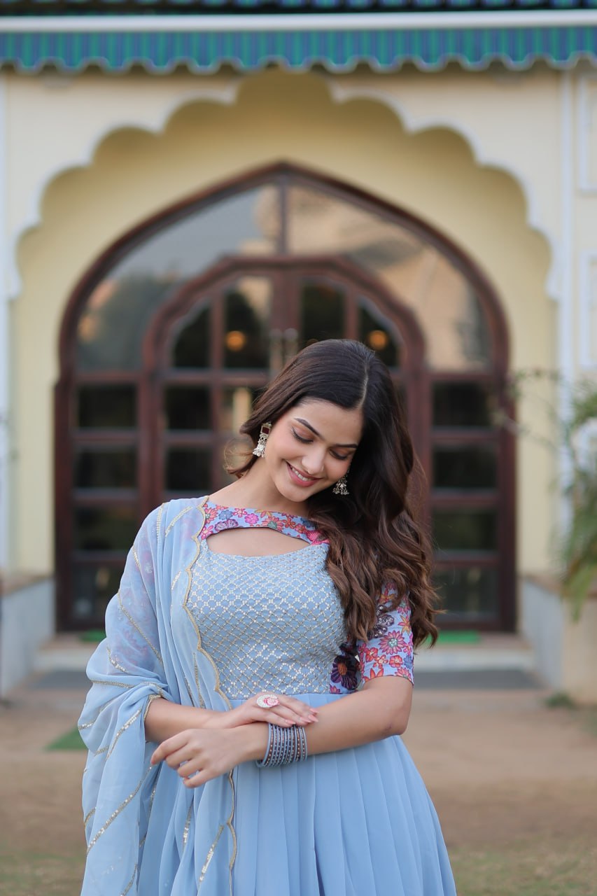 Sky Blue Color Elegance Premium Designer Readymade Gown with Dupatta ClothsVilla