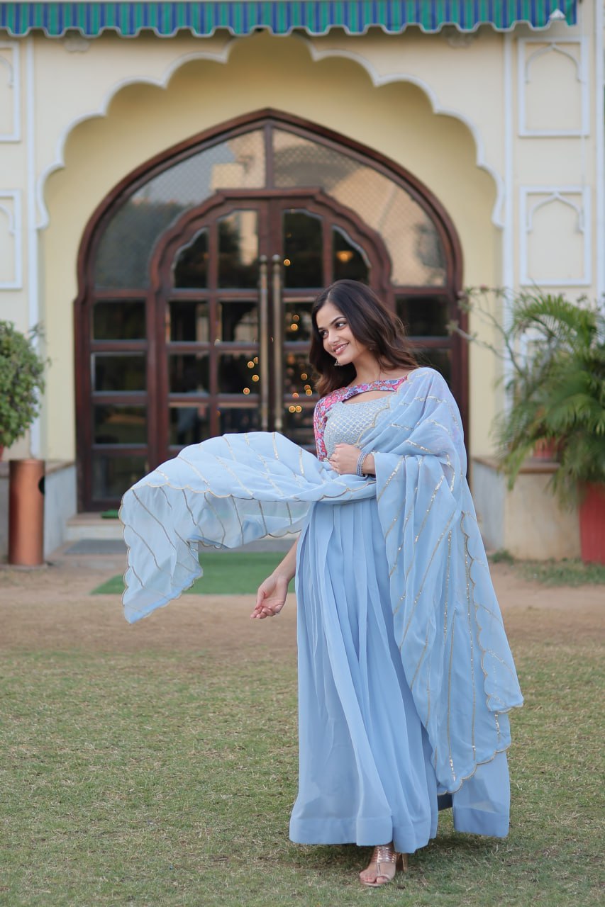 Sky Blue Color Elegance Premium Designer Readymade Gown with Dupatta ClothsVilla