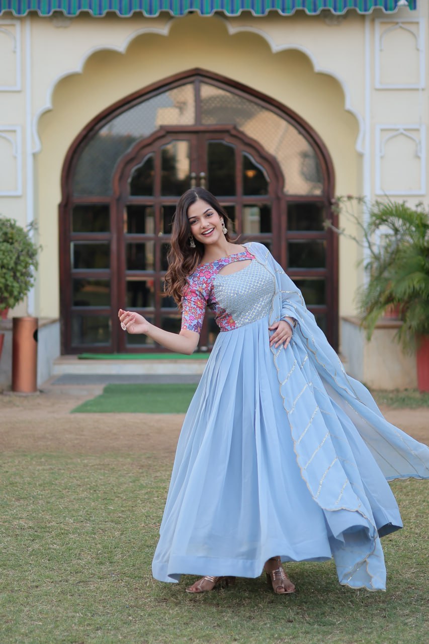 Sky Blue Color Elegance Premium Designer Readymade Gown with Dupatta XL