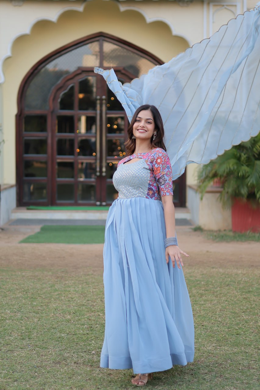 Sky Blue Color Elegance Premium Designer Readymade Gown with Dupatta ClothsVilla