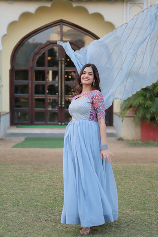 Sky Blue Color Elegance Premium Designer Readymade Gown with Dupatta ClothsVilla