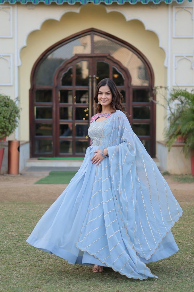 Sky Blue Color Elegance Premium Designer Readymade Gown with Dupatta ClothsVilla