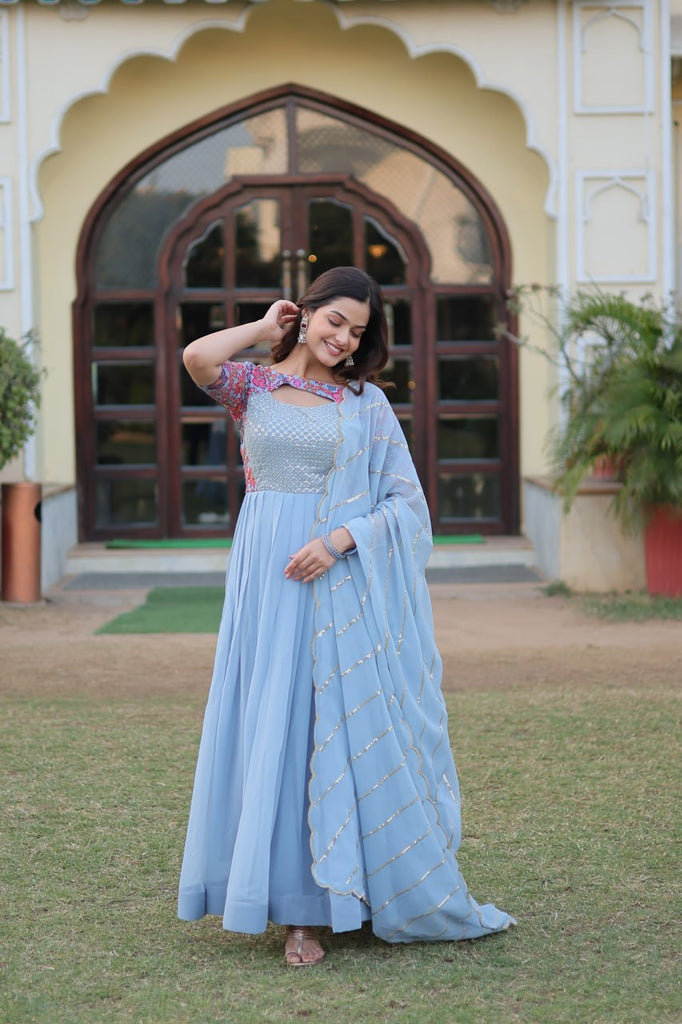 Buy Scakhi Sky Blue Mul Cotton Chikankari Embroidery Empire Ethnic Dress  online