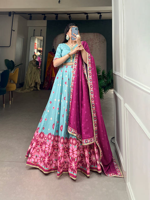 Sky Blue Color Vaishali Silk Printed Lehenga Choli Set with Sequins Lace Border ClothsVilla Main image