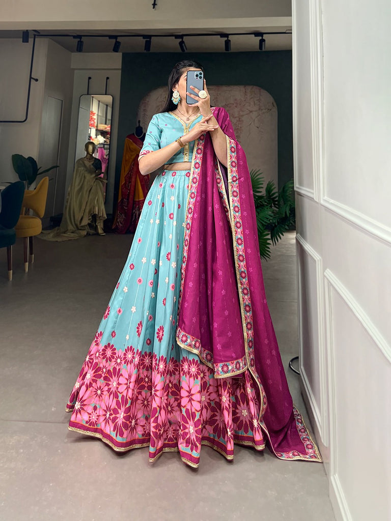 Sky Blue Color Vaishali Silk Printed Lehenga Choli Set with Sequins Lace Border ClothsVilla