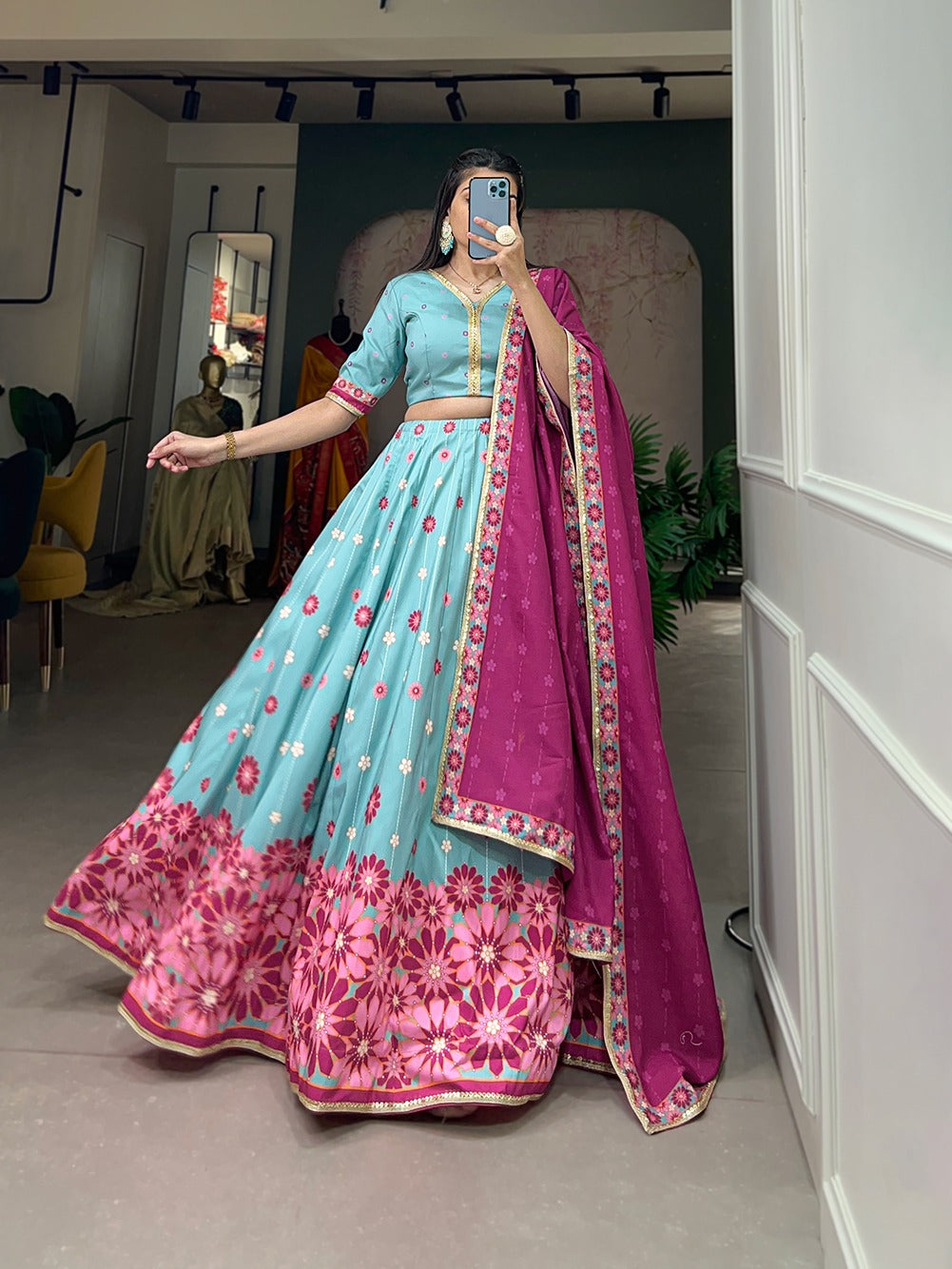 Sky Blue Color Vaishali Silk Printed Lehenga Choli Set with Sequins Lace Border Secondary image