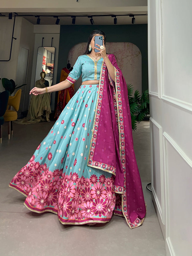 Sky Blue Color Vaishali Silk Printed Lehenga Choli Set with Sequins Lace Border ClothsVilla