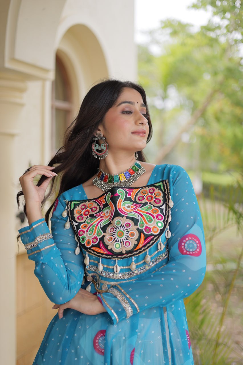 Sky Blue Cotton Lehenga with Bandhani Kurti ClothsVilla