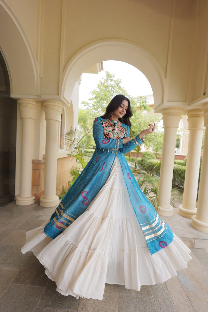 Sky Blue Cotton Lehenga with Bandhani Kurti ClothsVilla