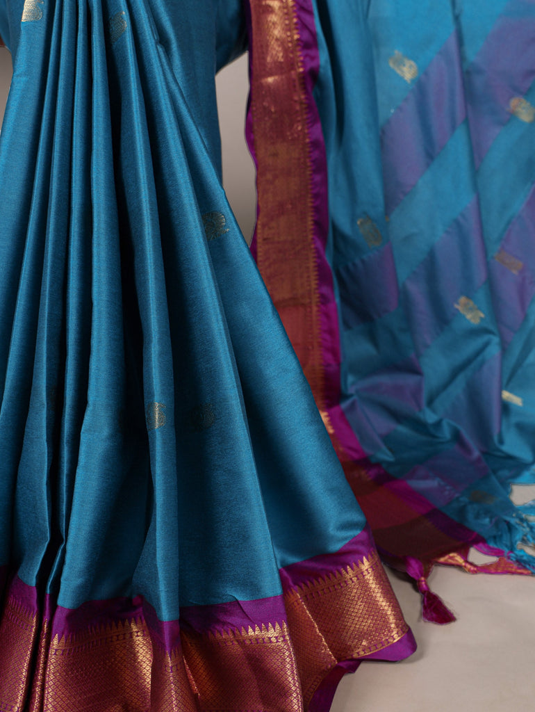 Sky Blue Cotton Silk Saree with Paithani Weaving Work & Matching Blouse ClothsVilla