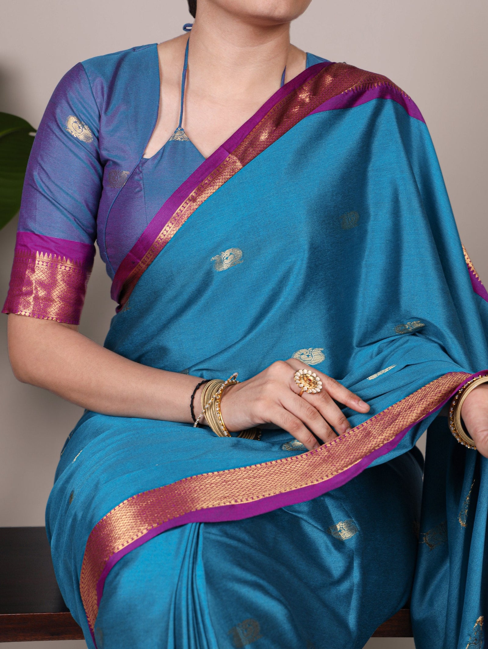 Sky Blue Cotton Silk Saree with Paithani Weaving Work & Matching Blouse ClothsVilla