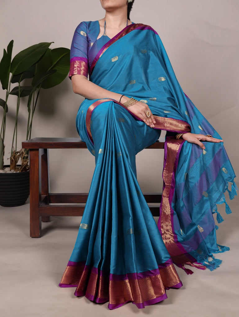 Sky Blue Cotton Silk Saree with Paithani Weaving Work & Matching Blouse ClothsVilla