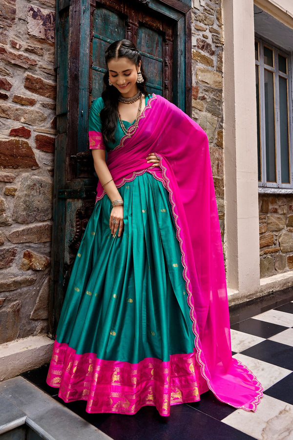 Sky Blue Cotton Silk South Indian Lehenga ClothsVilla