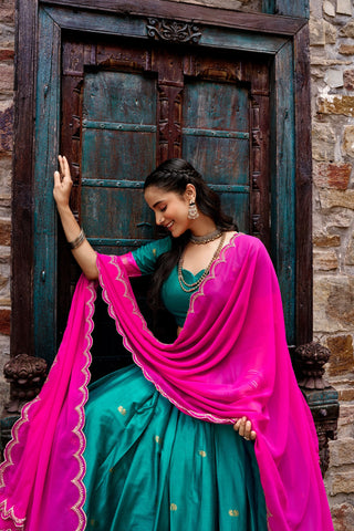 Sky Blue Cotton Silk South Indian Lehenga ClothsVilla