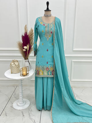 Sky Blue Crunchy Silk Sharara suit ClothsVilla