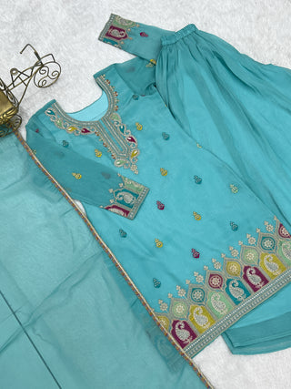 Sky Blue Crunchy Silk Sharara suit ClothsVilla