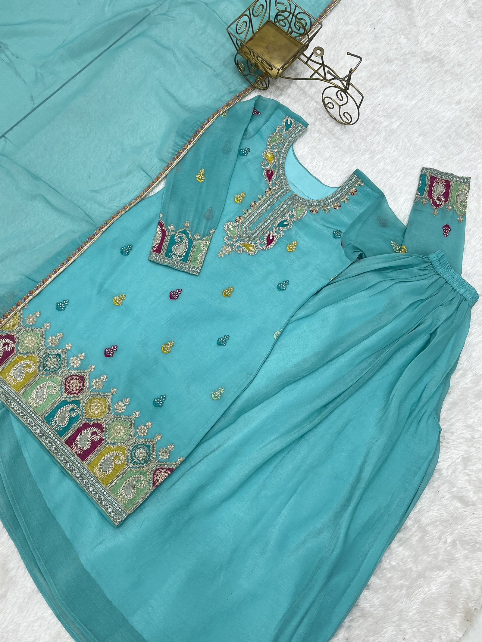 Sky Blue Crunchy Silk Sharara suit ClothsVilla