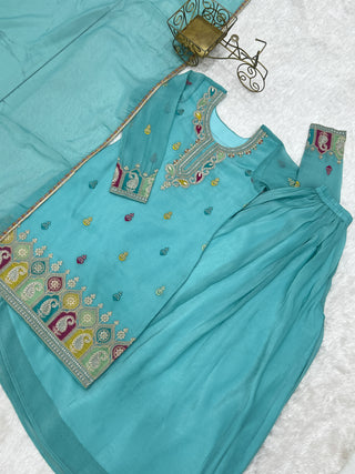 Sky Blue Crunchy Silk Sharara suit ClothsVilla