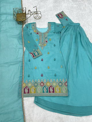 Sky Blue Crunchy Silk Sharara suit ClothsVilla