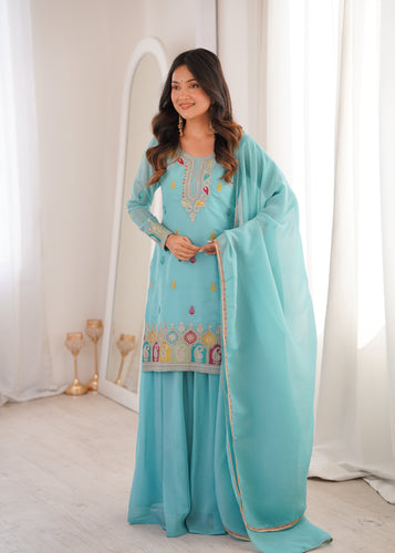 Sky Blue Crunchy Silk Sharara suit ClothsVilla