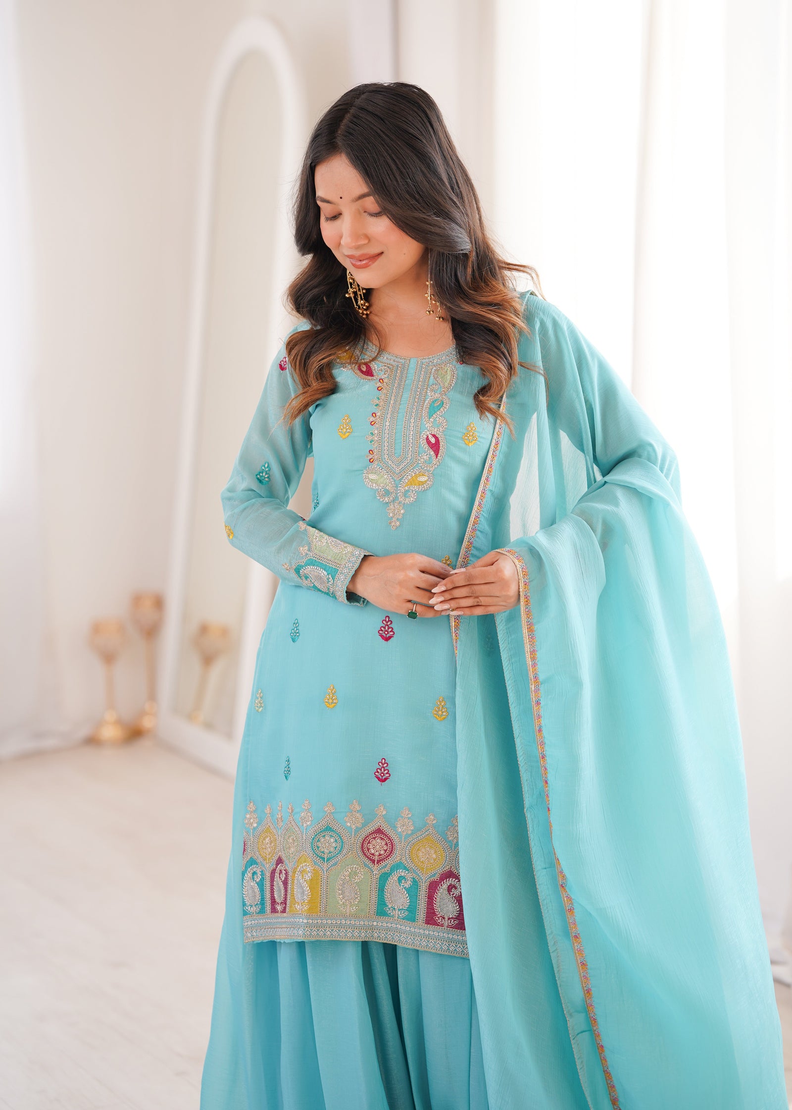 Sky Blue Crunchy Silk Sharara suit ClothsVilla