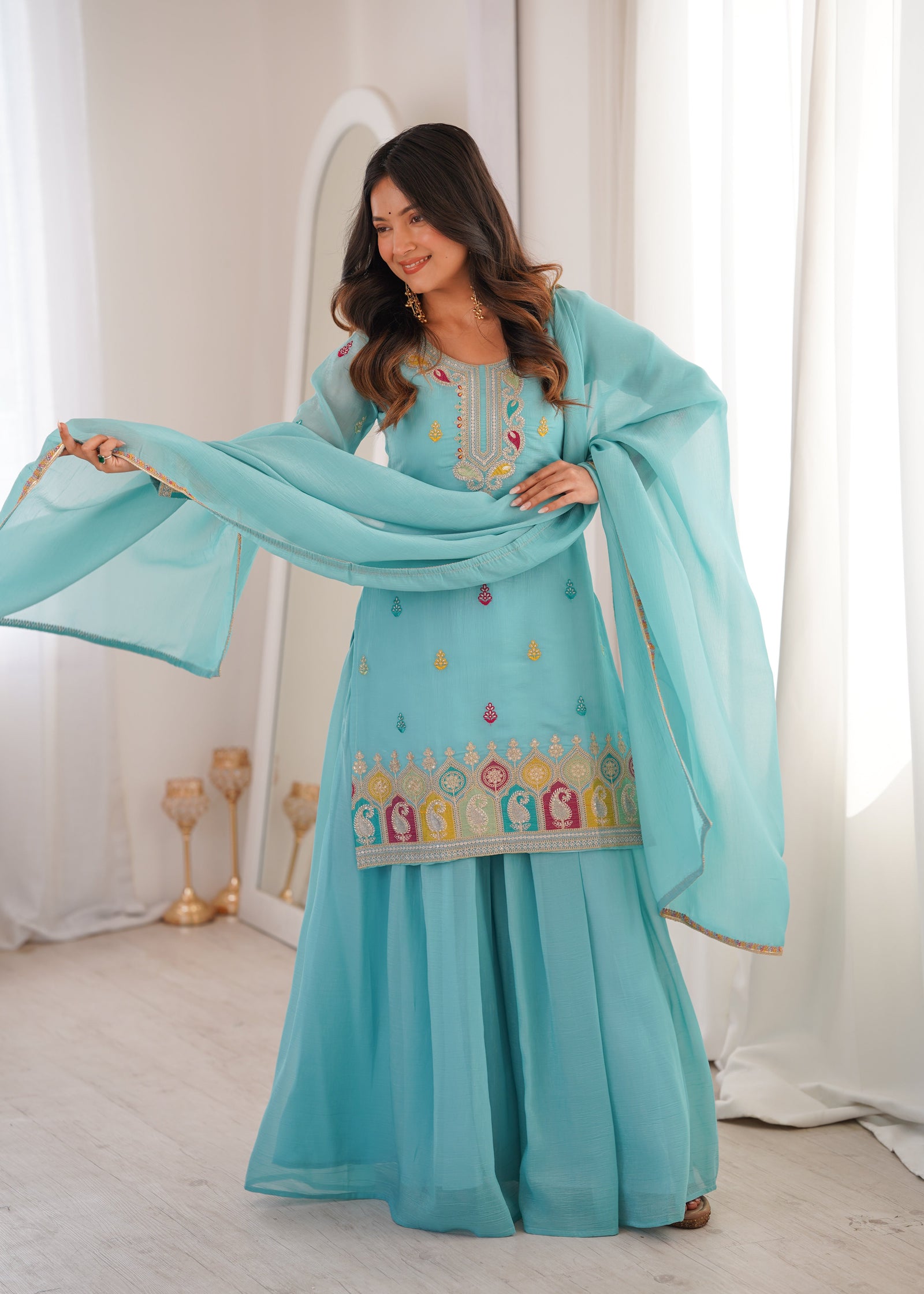 Sky Blue Crunchy Silk Sharara suit ClothsVilla