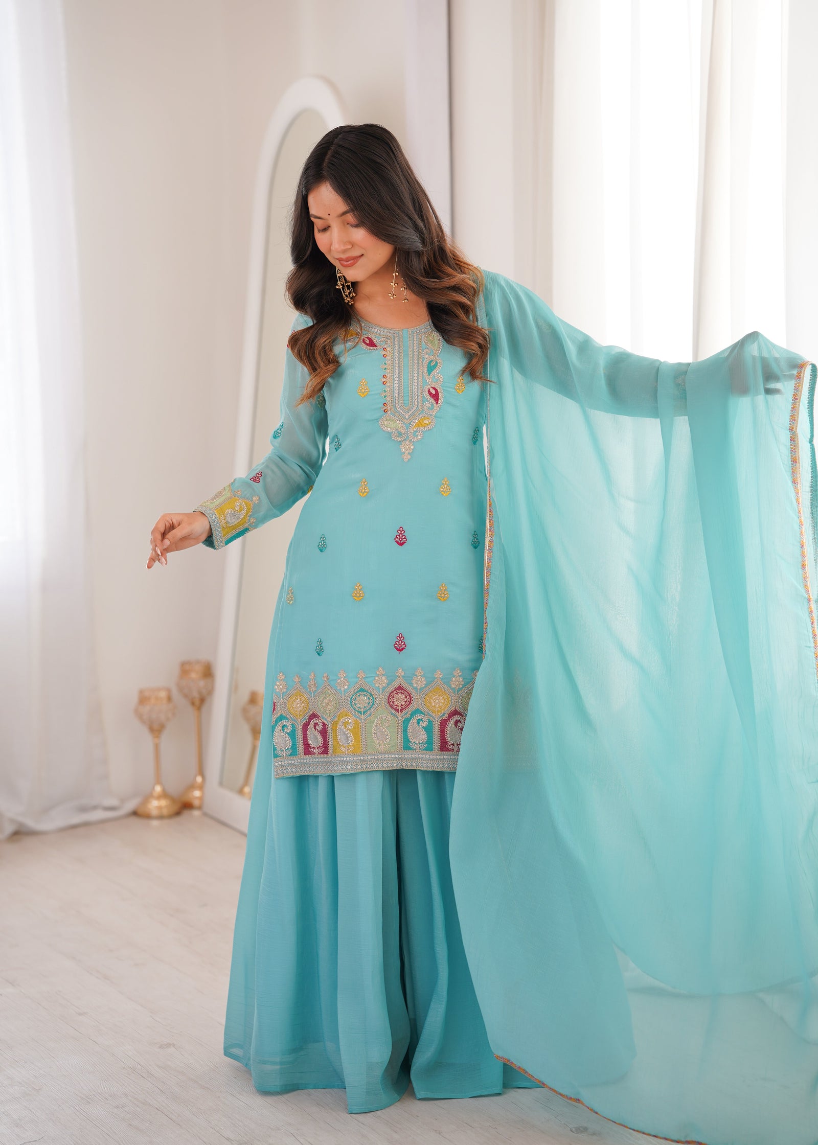 Sky Blue Crunchy Silk Sharara suit ClothsVilla