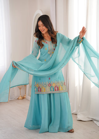 Sky Blue Crunchy Silk Sharara suit ClothsVilla