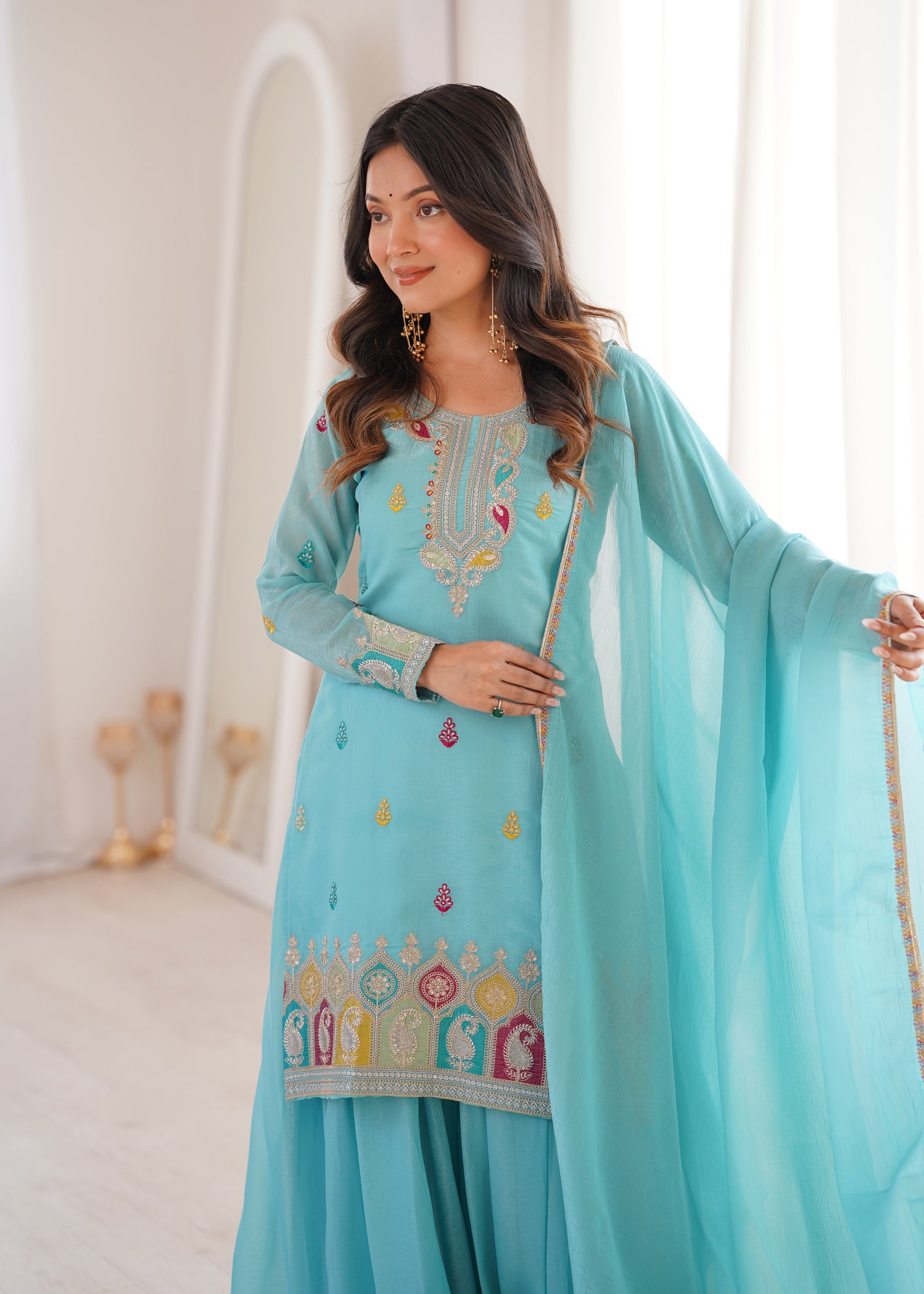 Sky Blue Crunchy Silk Sharara suit ClothsVilla