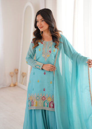 Sky Blue Crunchy Silk Sharara suit ClothsVilla
