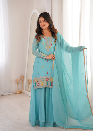 Sky Blue Crunchy Silk Sharara suit ClothsVilla