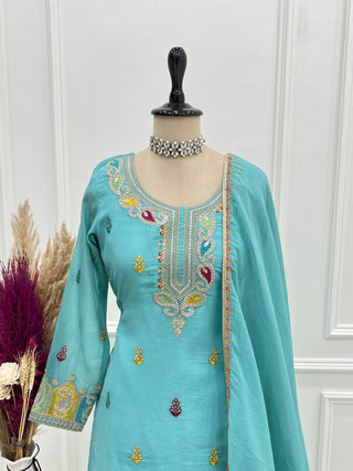 Sky Blue Crunchy Silk Sharara suit ClothsVilla