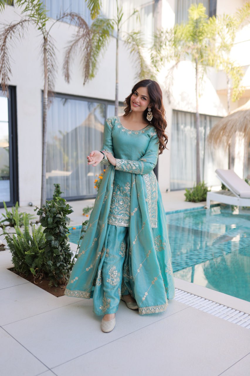 Sky Blue Crush Embroidered Kurti Sharara Set ClothsVilla