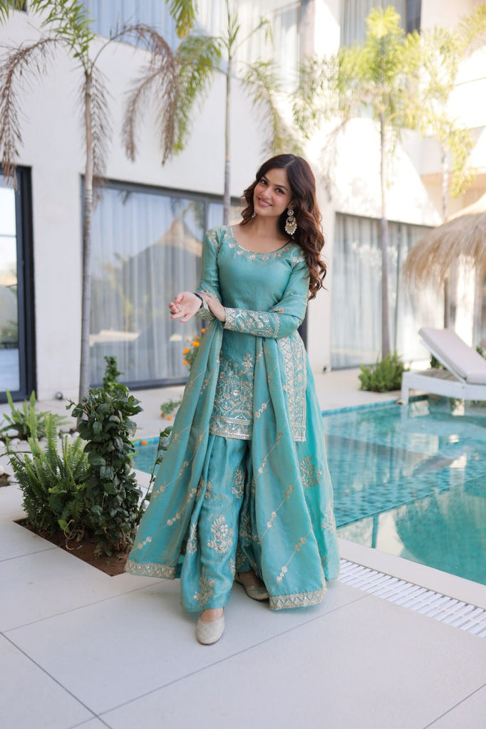 Sky Blue Crush Embroidered Kurti Sharara Set ClothsVilla