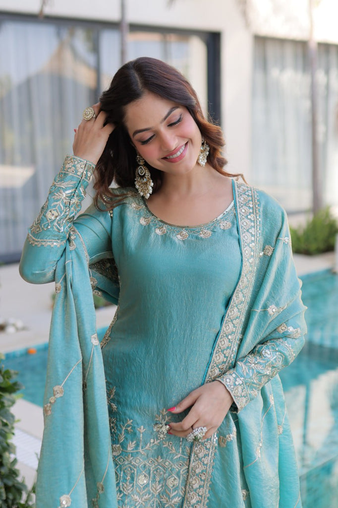 Sky Blue Crush Embroidered Kurti Sharara Set ClothsVilla