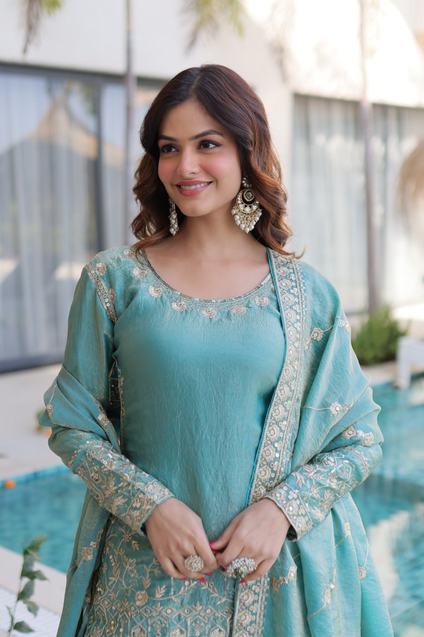 Sky Blue Crush Embroidered Kurti Sharara Set ClothsVilla