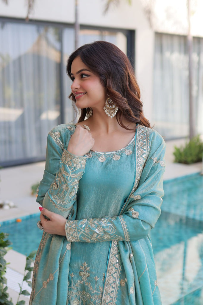 Sky Blue Crush Embroidered Kurti Sharara Set ClothsVilla