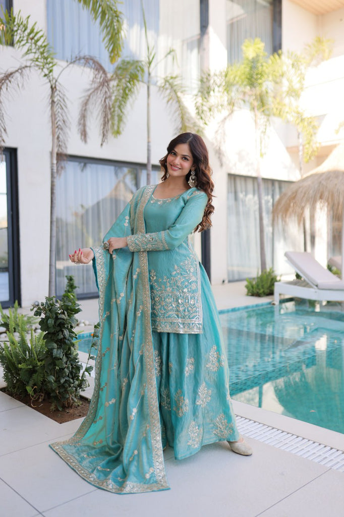 Sky Blue Crush Embroidered Kurti Sharara Set ClothsVilla
