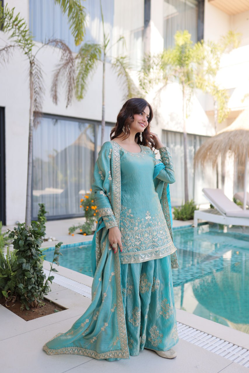 Sky Blue Crush Embroidered Kurti Sharara Set ClothsVilla