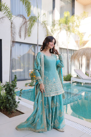 Sky Blue Crush Embroidered Kurti Sharara Set ClothsVilla