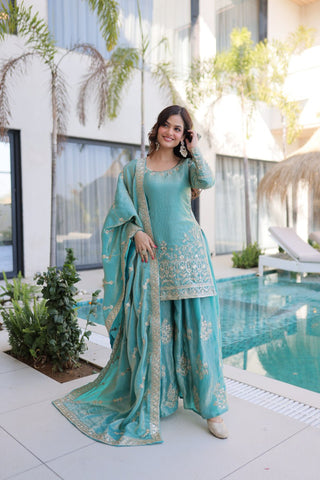 Sky Blue Crush Embroidered Kurti Sharara Set ClothsVilla