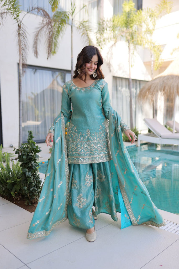 Sky Blue Crush Embroidered Kurti Sharara Set ClothsVilla