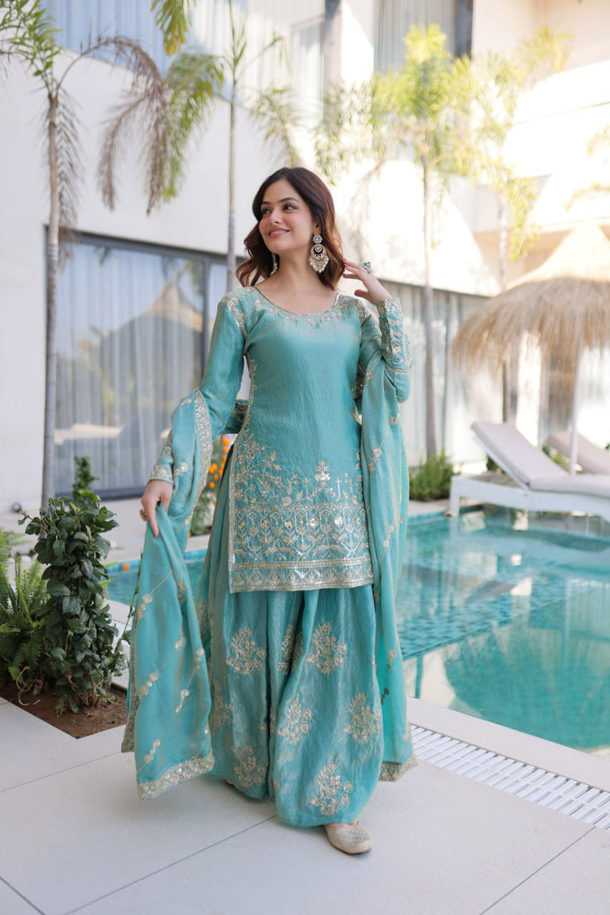 Sky Blue Crush Embroidered Kurti Sharara Set ClothsVilla