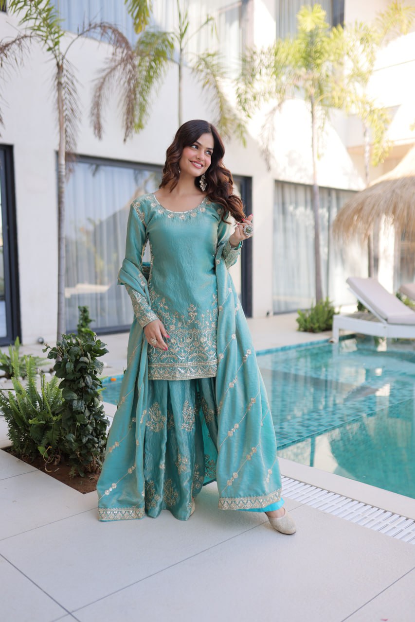 Sky Blue Crush Embroidered Kurti Sharara Set ClothsVilla